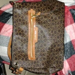Calvin Klein Brown Monogram Canvas Shoulder Bag with Tan Trim